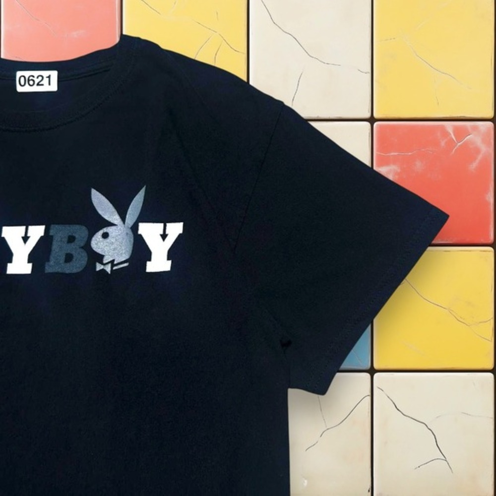 Y2K Playboy Bunny‎ Logo Tee L Black Metallic Graphic Streetwear T-Shirt Men's - Picture 3 of 8